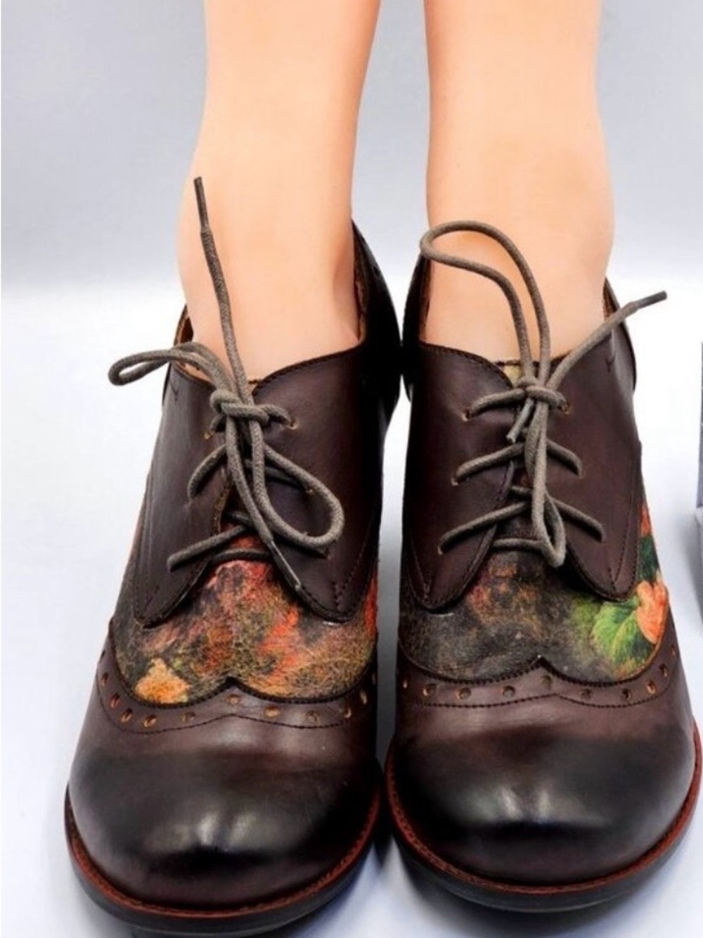 Spring Step Black Leather Lace-Up Heels with Multicolor Felt Panels